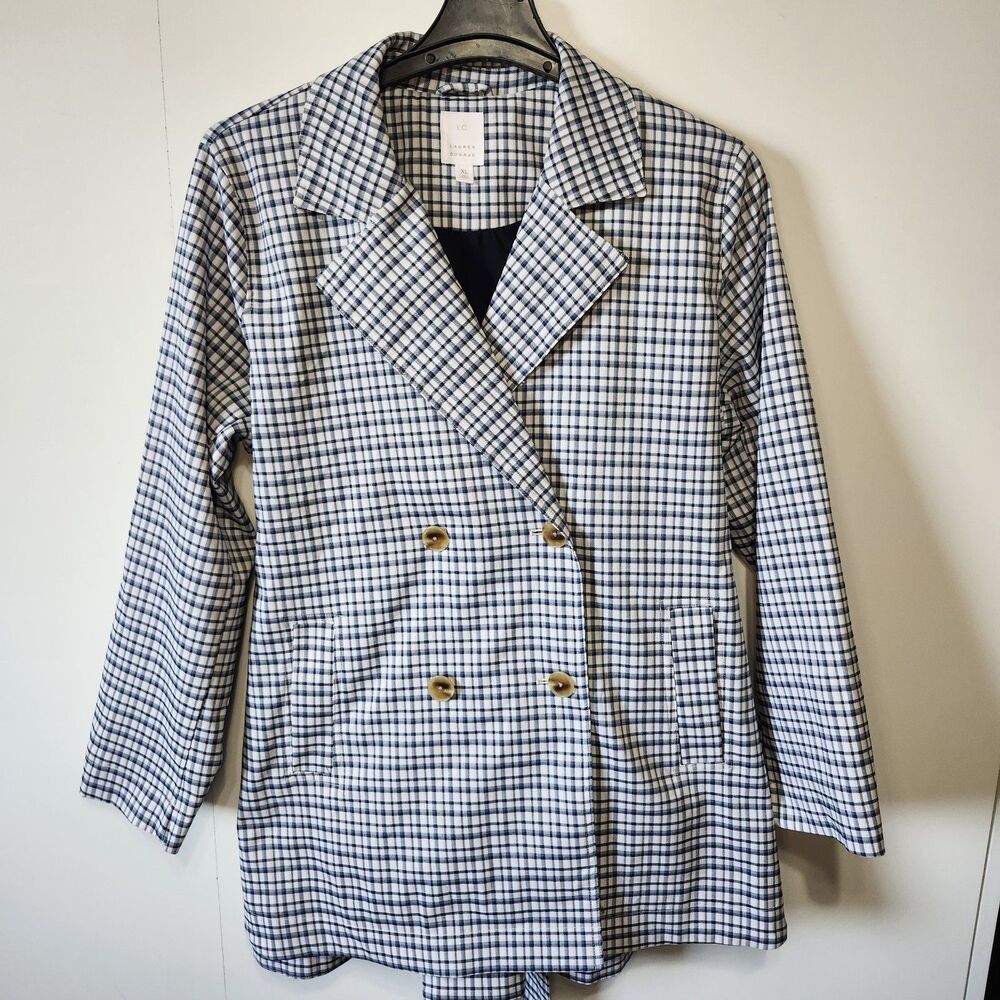 LC Lauren Conrad Plaid Trench Coat Blazer Navy White Double Breasted Women Size